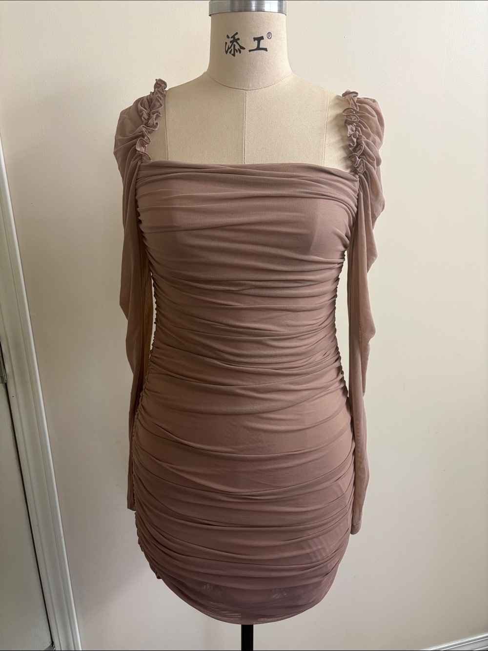 SHEIN Taupe Ruched Long-Sleeve Bodycon Dress